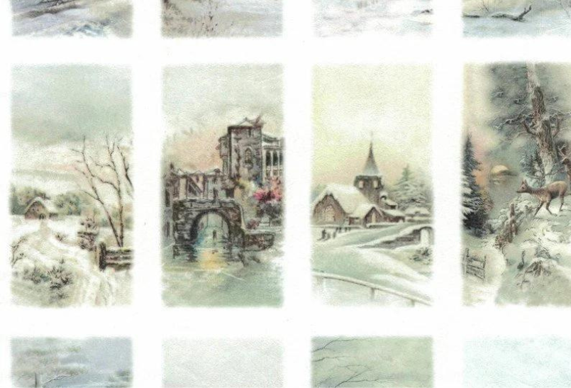 : Verschiedene Darstellungen von schneebedeckten Szenen, darunter ein verschneites Dorf, ein historisches Tor, eine Kirche im Winter und ein Wald mit einem Reh. 